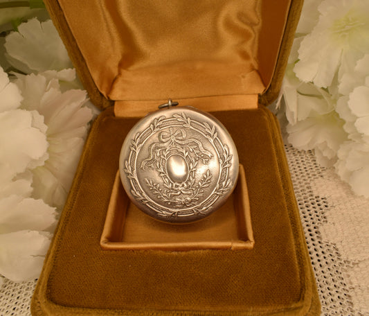Antique French Sterling Silver Pendant Box, Vermeil Interior, Laurel Wreath, Belle Époque Locket Pill Box, Engravable Cartouche, 35mm
