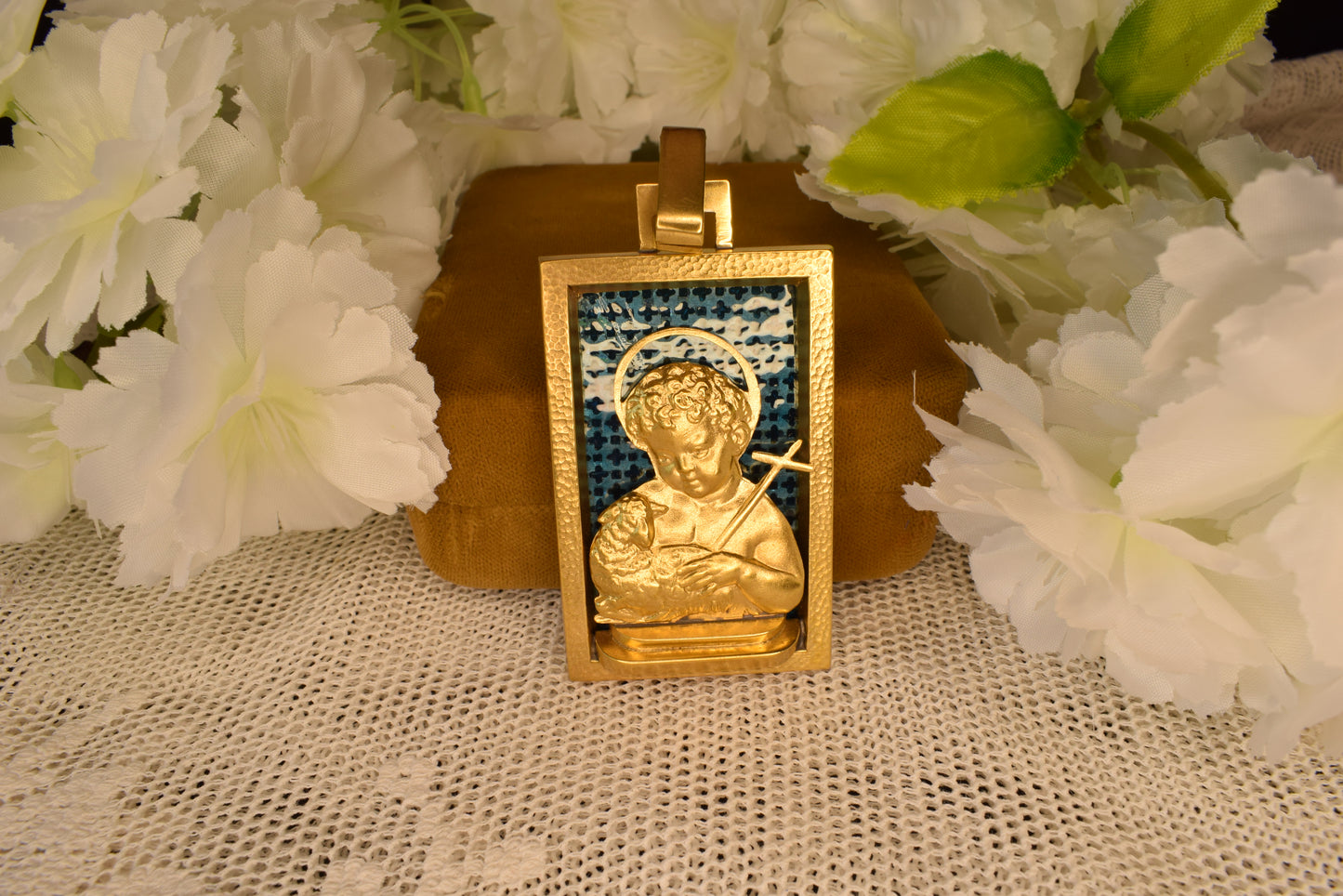 Art Deco Augis Gold Plated Religious Medal, Good Shepherd Child Jesus Lamb Pendant, French Vintage Blue Enamel, Signed Antique Jewelry