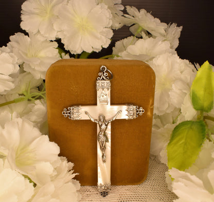 Large Antique Mother of Pearl & Solid Silver Cross Pendant, 19th Century Hallmarked French Crucifix