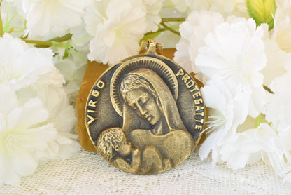 Antique French Bronze Medal Virgin and Child by Elie Pellegrin - Virgo Protegat Te - Vintage Religious Medallion