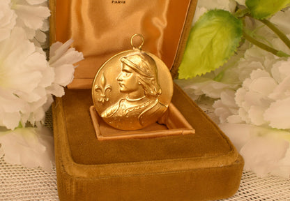 Antique Joan of Arc Medal Gilt Bronze 24K Gold Plated Pendant Art Nouveau Fleur de Lys French Equestrian Medallion Collectible