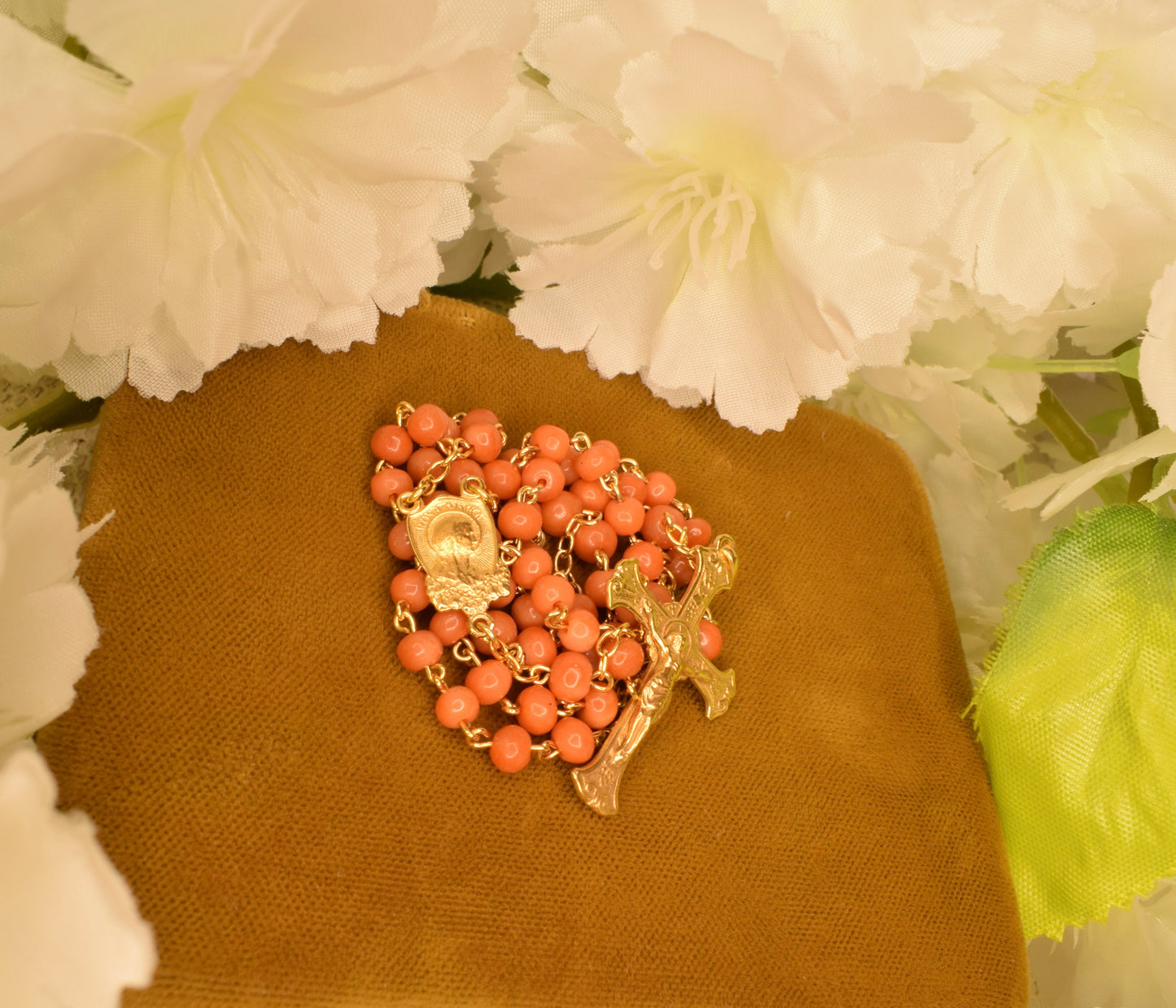 Antique Silver Vermeil Rosary Hallmarked Coral Beads - 19th Century French Religious Chapelet with Cross and Marian Medal - Antique Devotional Jewelry