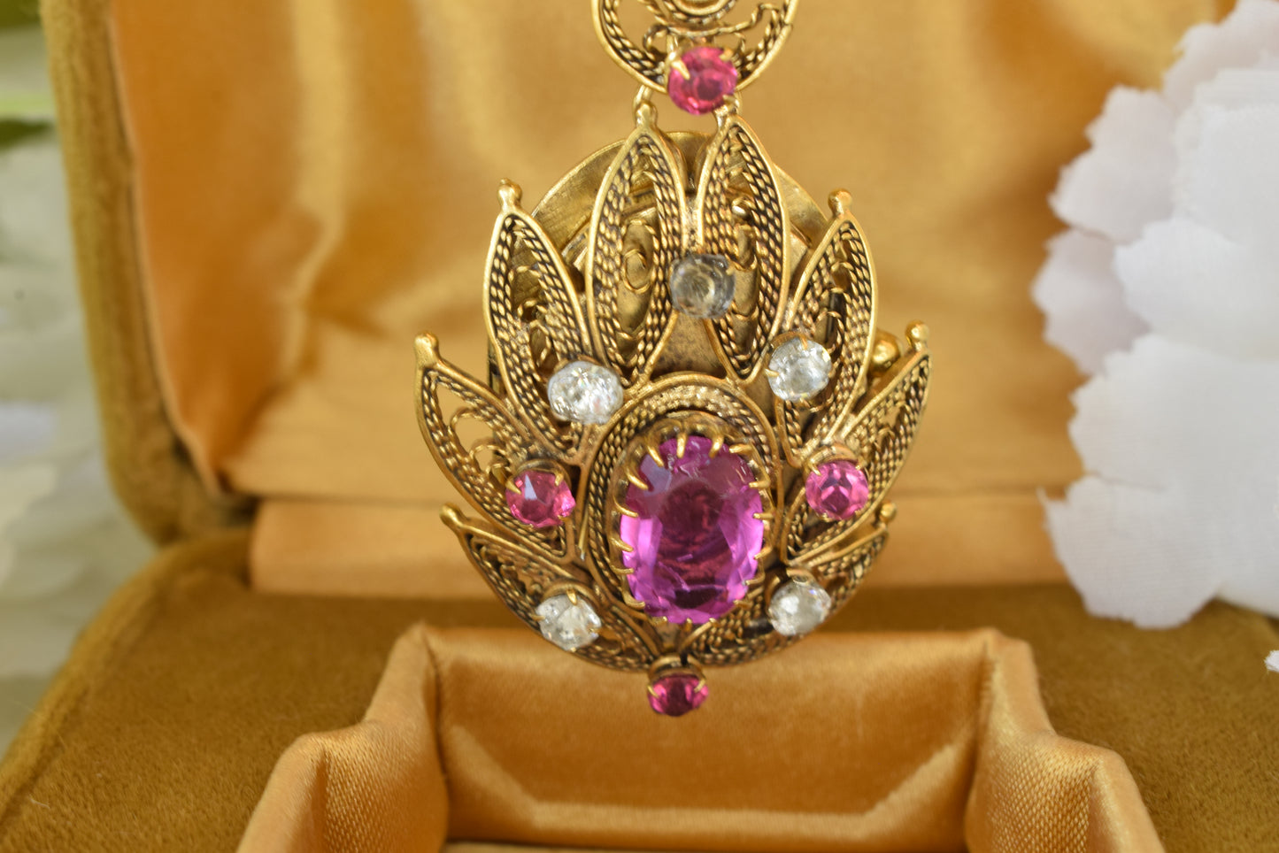 Antique 19th Century Gold Plated Filigree Pendant Brooch, Cannetille Lotus Design, Pink Faceted Glass Paste, Convertible Locket, Victorian Jewelry