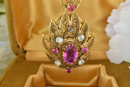 Antique 19th Century Gold Plated Filigree Pendant Brooch, Cannetille Lotus Design, Pink Faceted Glass Paste, Convertible Locket, Victorian Jewelry