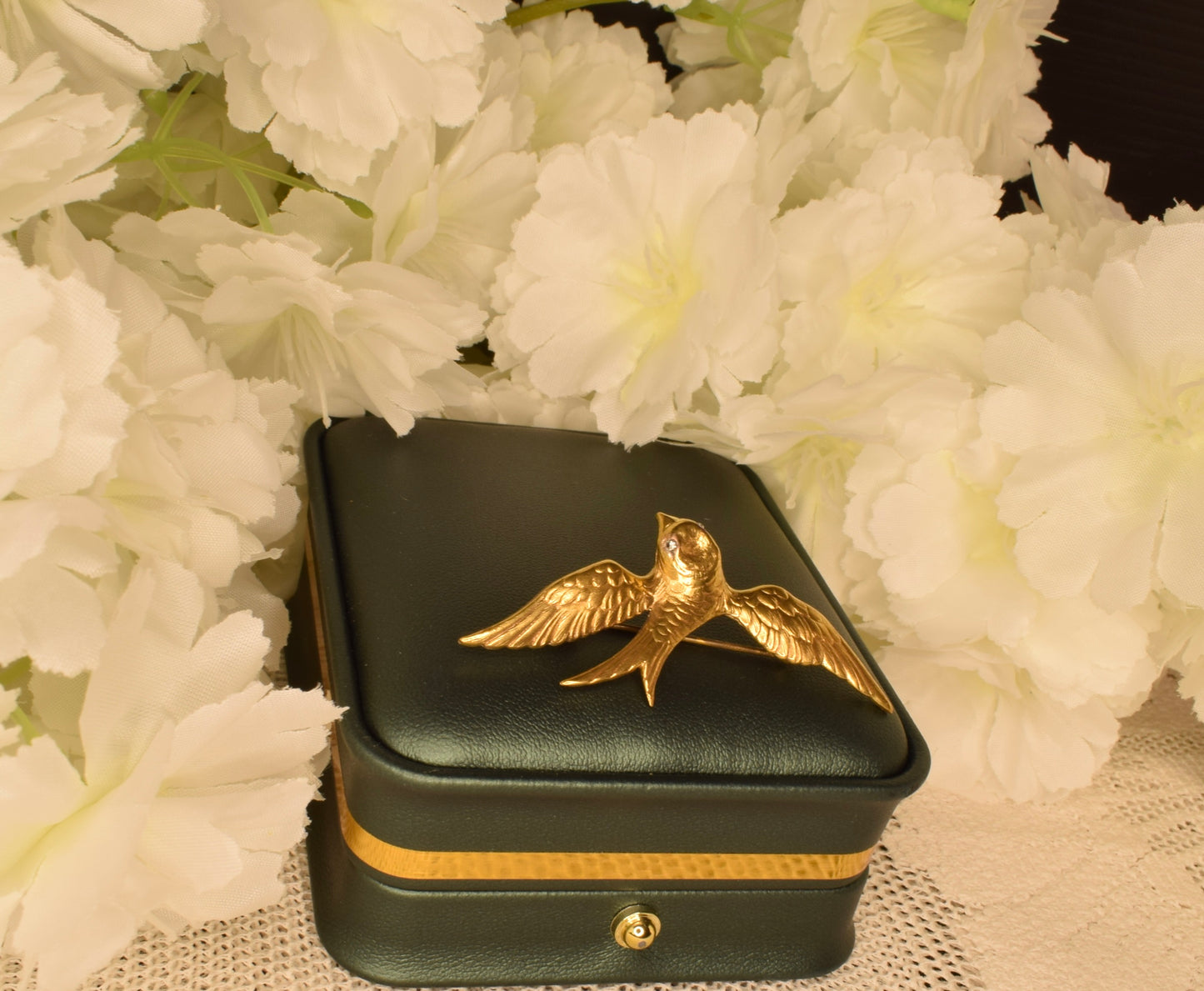 Vintage Swallow Bird Brooch, 24K Gold Plated, Rhinestone Eyes, Signed Fix, Antique French Jewelry, Bird Brooch with Spread Wings