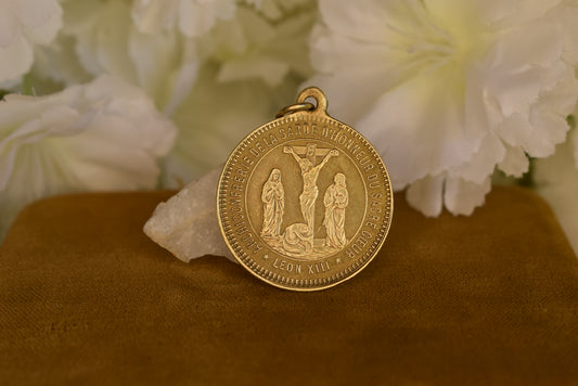 Antique Bronze Religious Medal ✦ Sacred Heart, Virgin Mary, St John & Mary Magdalene ✦ Pope Leo XIII ✦ Guard of Honor ✦ Signed Penin Lyon 19th C