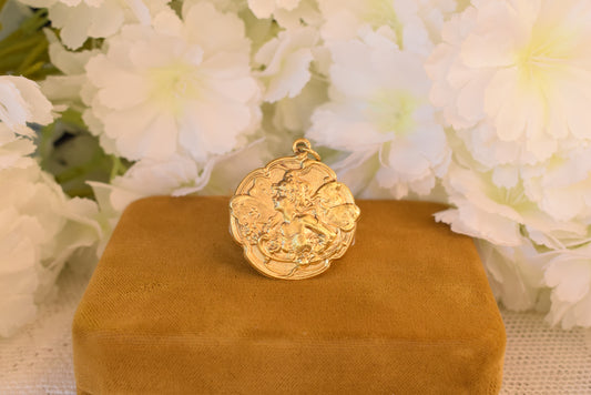 Antique French Art Nouveau Butterfly Woman Pendant, Gold Plated Medal, Floral Fairy Nymph Jewelry, Circa 1900