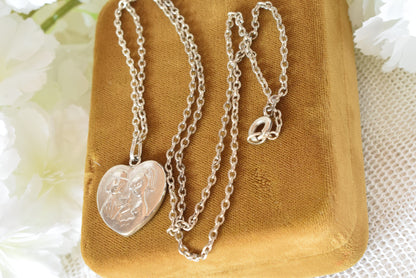 Antique French Sterling Silver Heart Pendant Necklace, "Les Amoureux de Peynet" Lovers Medallion, Vintage 1960s Romantic Charm, Signed Contaux