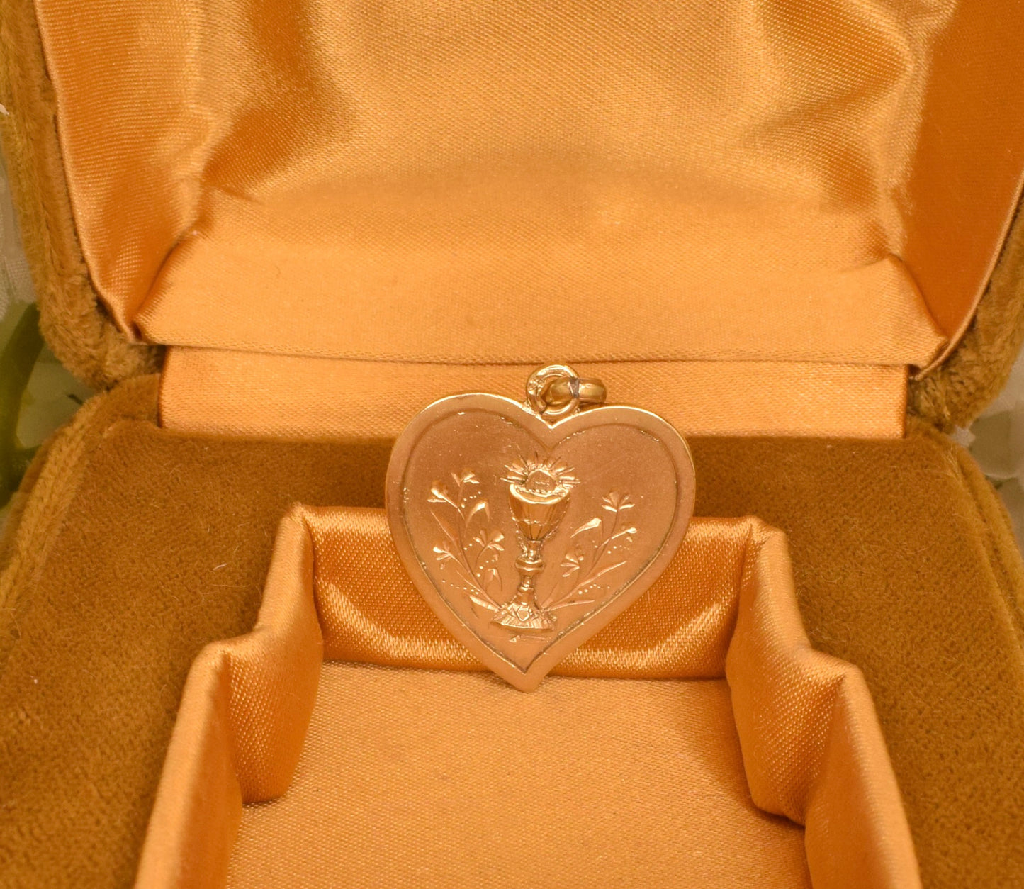 Antique French Heart Religious Medal, Vermeil Gold-Plated Solid Silver, Chalice Host Flowers Engraved 1898, First Communion Jewelry