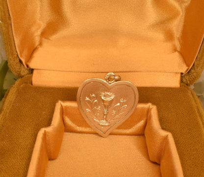 Antique French Heart Religious Medal, Vermeil Gold-Plated Solid Silver, Chalice Host Flowers Engraved 1898, First Communion Jewelry