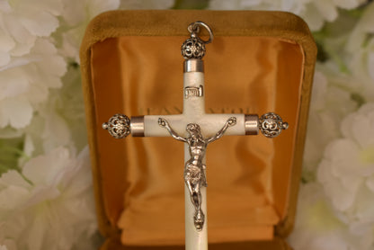 Antique 19th Century French Mother of Pearl Crucifix – Hallmarked Solid Silver Cross – Religious Pendant 92mm