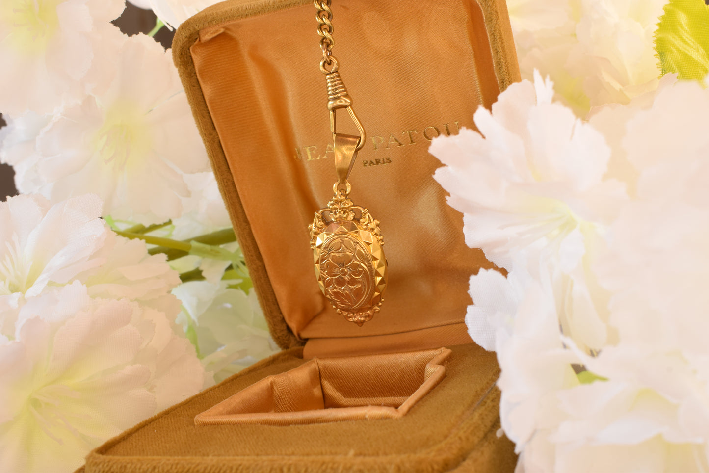 Antique Victorian Style Oval Locket Pendant, Gold Plated Floral Engraved Photo Locket, Ornate Crown Bail Diamond Cut