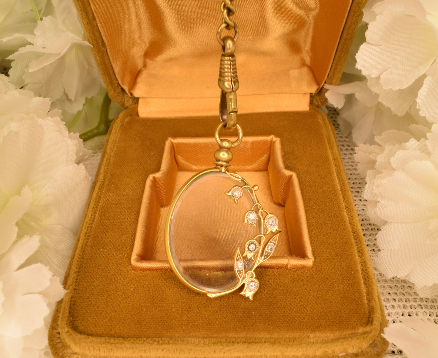 Antique Gold Plated Photo Locket Art Nouveau Lily of the Valley Circa 1900 Oval Pendant Beveled Glass Rhinestones Keepsake Jewelry