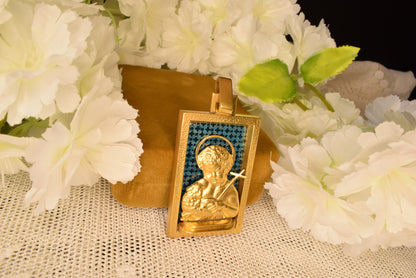 Art Deco Augis Gold Plated Religious Medal, Good Shepherd Child Jesus Lamb Pendant, French Vintage Blue Enamel, Signed Antique Jewelry