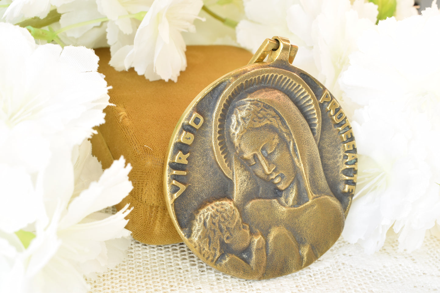 Antique French Bronze Medal Virgin and Child by Elie Pellegrin - Virgo Protegat Te - Vintage Religious Medallion