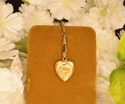 Antique Gold Plated Heart Pendant, Art Nouveau Chimera Charm, FIX Hallmark, Puffy Heart Vintage Jewelry