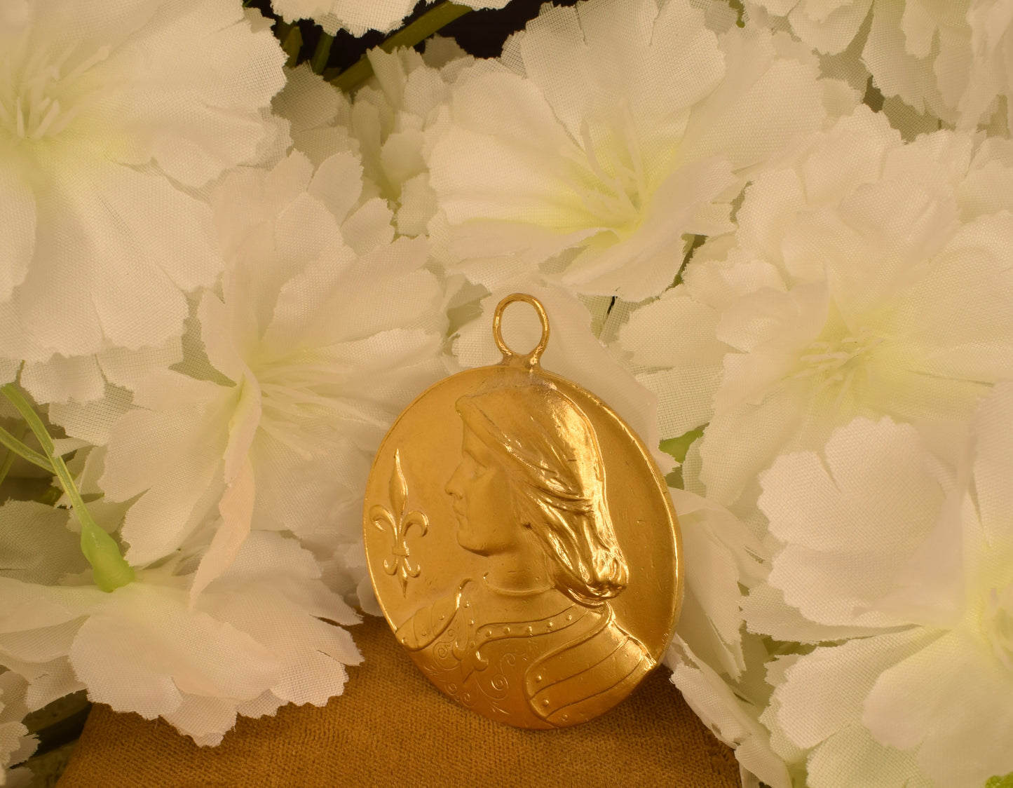Antique Joan of Arc Medal Gilt Bronze 24K Gold Plated Pendant Art Nouveau Fleur de Lys French Equestrian Medallion Collectible