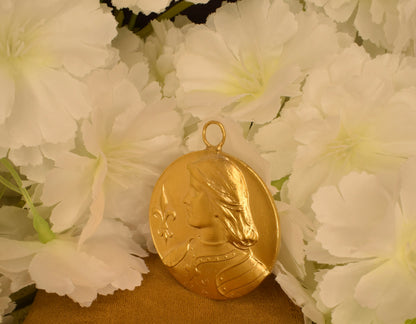 Antique Joan of Arc Medal Gilt Bronze 24K Gold Plated Pendant Art Nouveau Fleur de Lys French Equestrian Medallion Collectible