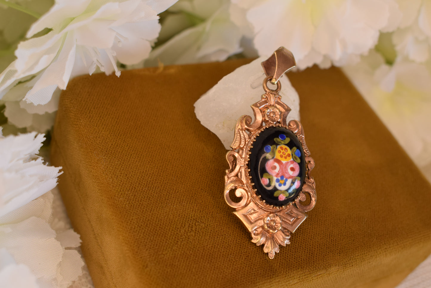 Antique Napoleon III Photo Locket Pendant Rose Gold Plated Hand-Painted Porcelain Flowers Victorian Necklace Circa 1880