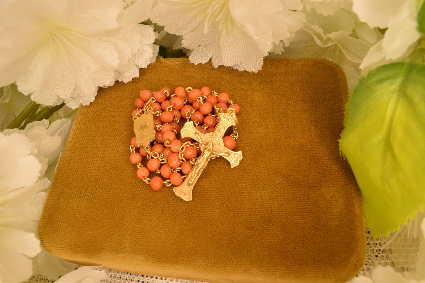 Antique Silver Vermeil Rosary Hallmarked Coral Beads - 19th Century French Religious Chapelet with Cross and Marian Medal - Antique Devotional Jewelry
