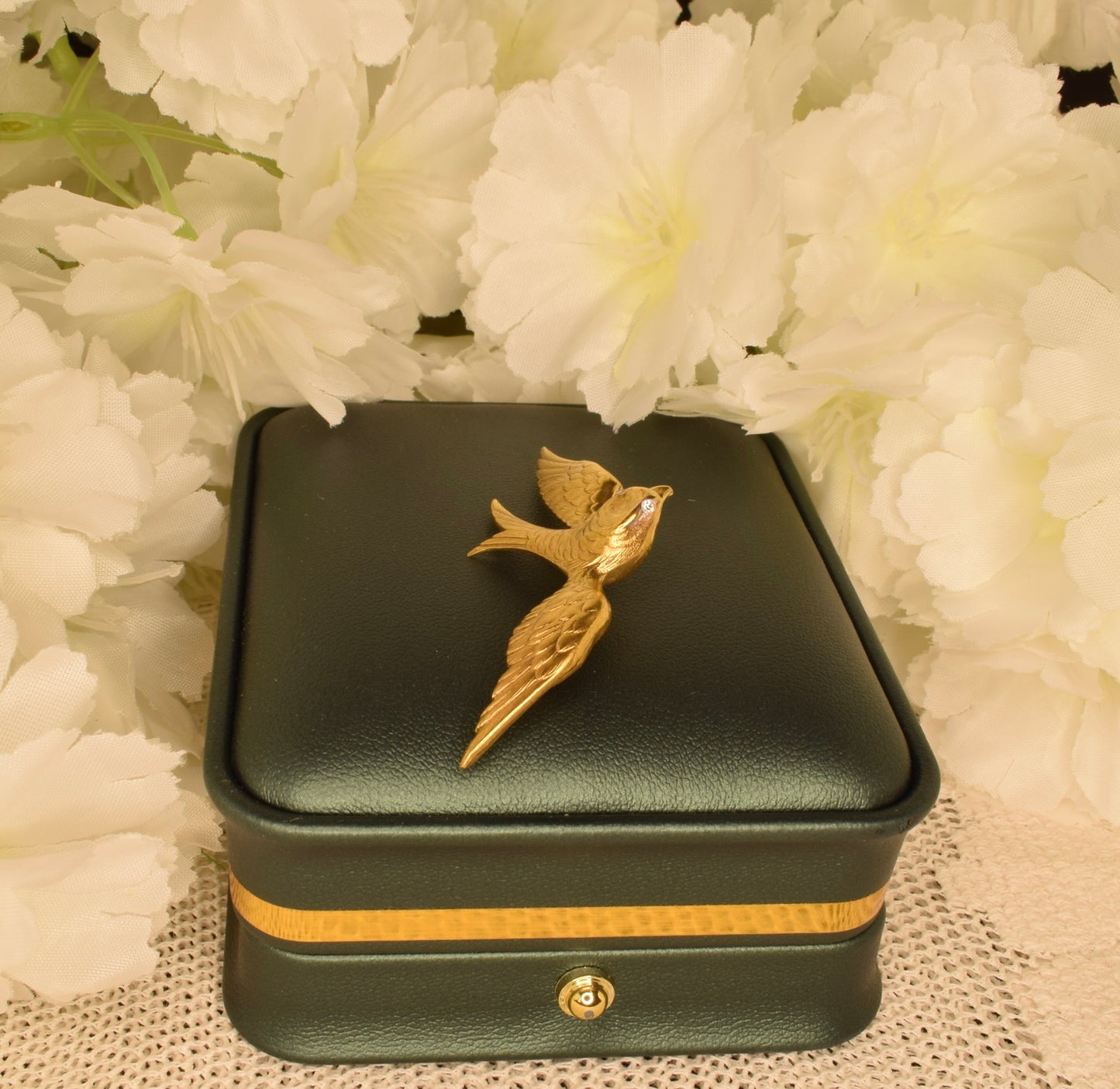Vintage Swallow Bird Brooch, 24K Gold Plated, Rhinestone Eyes, Signed Fix, Antique French Jewelry, Bird Brooch with Spread Wings