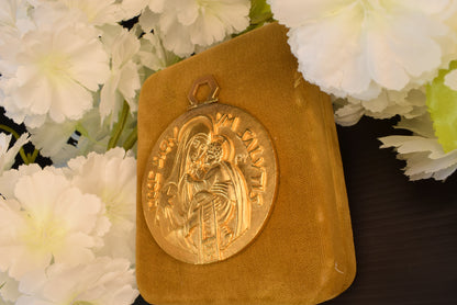 Antique Bronze Medal 24K Gold Plated Virgin And Child Signed P.Y Religious Medallion Antique Pendant Devotion Sacred Art