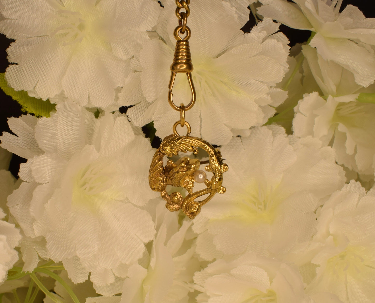 Antique Chimera Brooch Pendant, 24K Gold Plated, Pearl, Art Nouveau Style Vintage Jewelry
