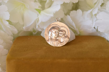 Antique Sterling Silver Madonna and Child Medal Signed KARO – French Religious Pendant with Lily, 25mm