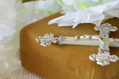 Antique French Silver Mother of Pearl Cross Pendant, Weevil "Charançon" Hallmark 800 Silver, Religious Crucifix with Christ & Virgin Mary Medallions, Belle Époque Mission Cross