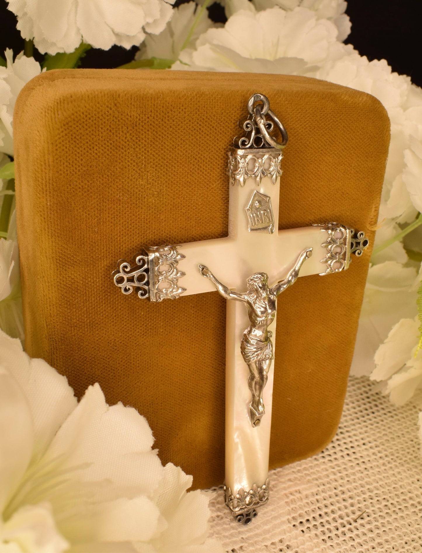 Large Antique Mother of Pearl & Solid Silver Cross Pendant, 19th Century Hallmarked French Crucifix