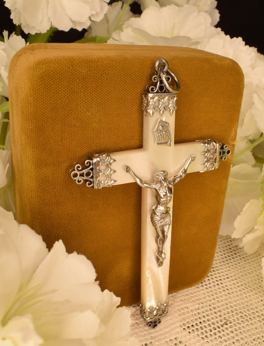 Large Antique Mother of Pearl & Solid Silver Cross Pendant, 19th Century Hallmarked French Crucifix