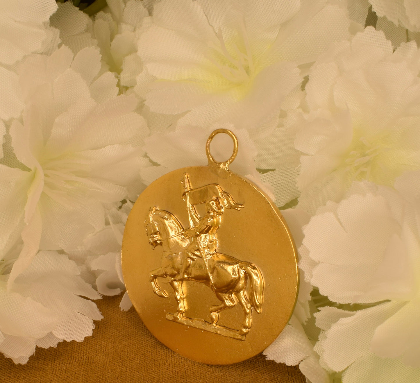 Antique Joan of Arc Medal Gilt Bronze 24K Gold Plated Pendant Art Nouveau Fleur de Lys French Equestrian Medallion Collectible