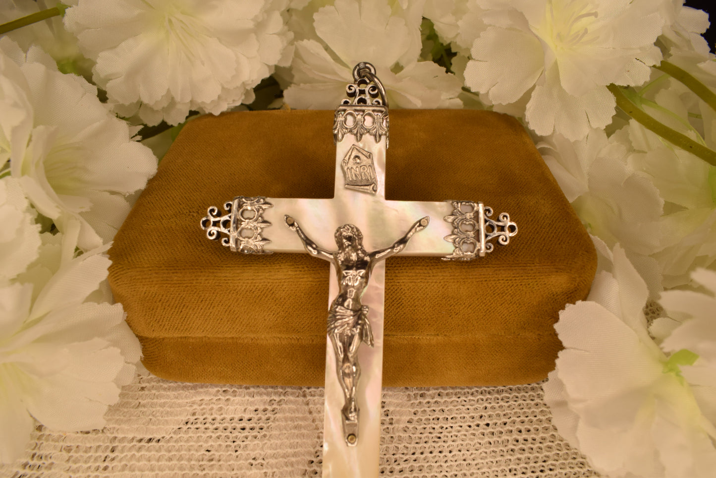 Large Antique Mother of Pearl & Solid Silver Cross Pendant, 19th Century Hallmarked French Crucifix