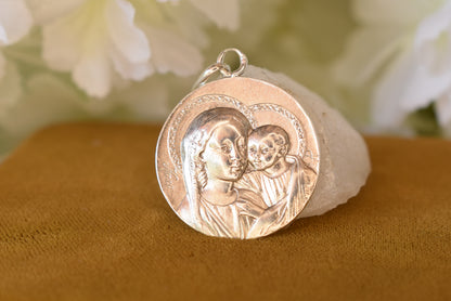 Antique Sterling Silver Madonna and Child Medal Signed KARO – French Religious Pendant with Lily, 25mm