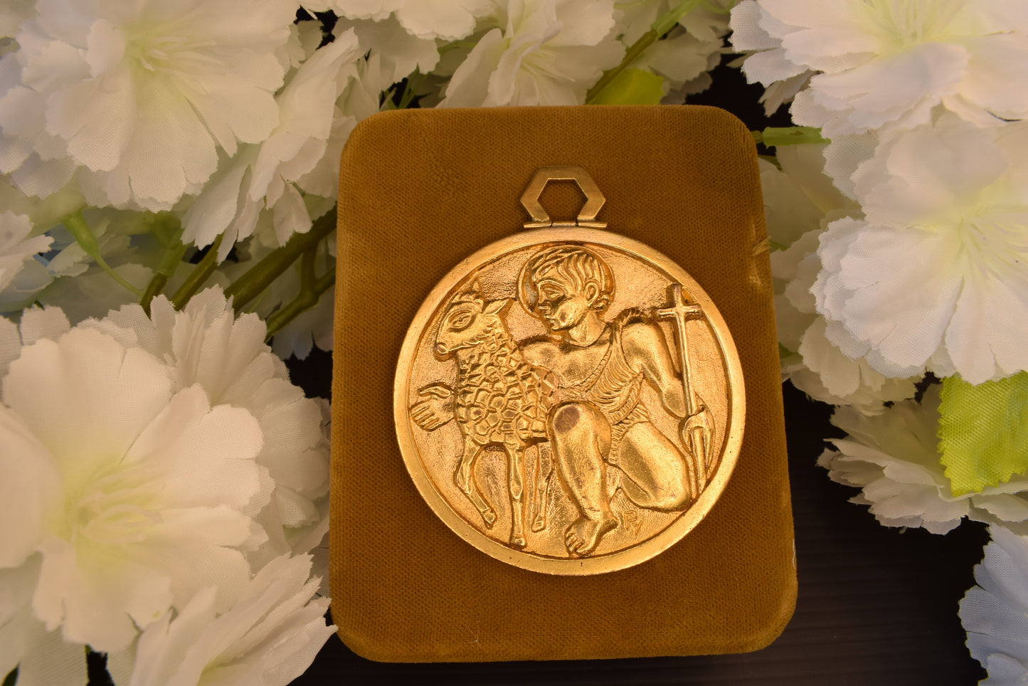 Antique Bronze Gilt Saint John the Baptist Medal, Gold Plated, Signed PY - Vintage Religious Medallion 5.8cm