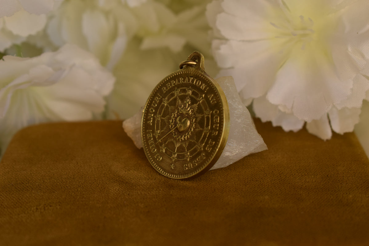 Antique Bronze Religious Medal ✦ Sacred Heart, Virgin Mary, St John & Mary Magdalene ✦ Pope Leo XIII ✦ Guard of Honor ✦ Signed Penin Lyon 19th C
