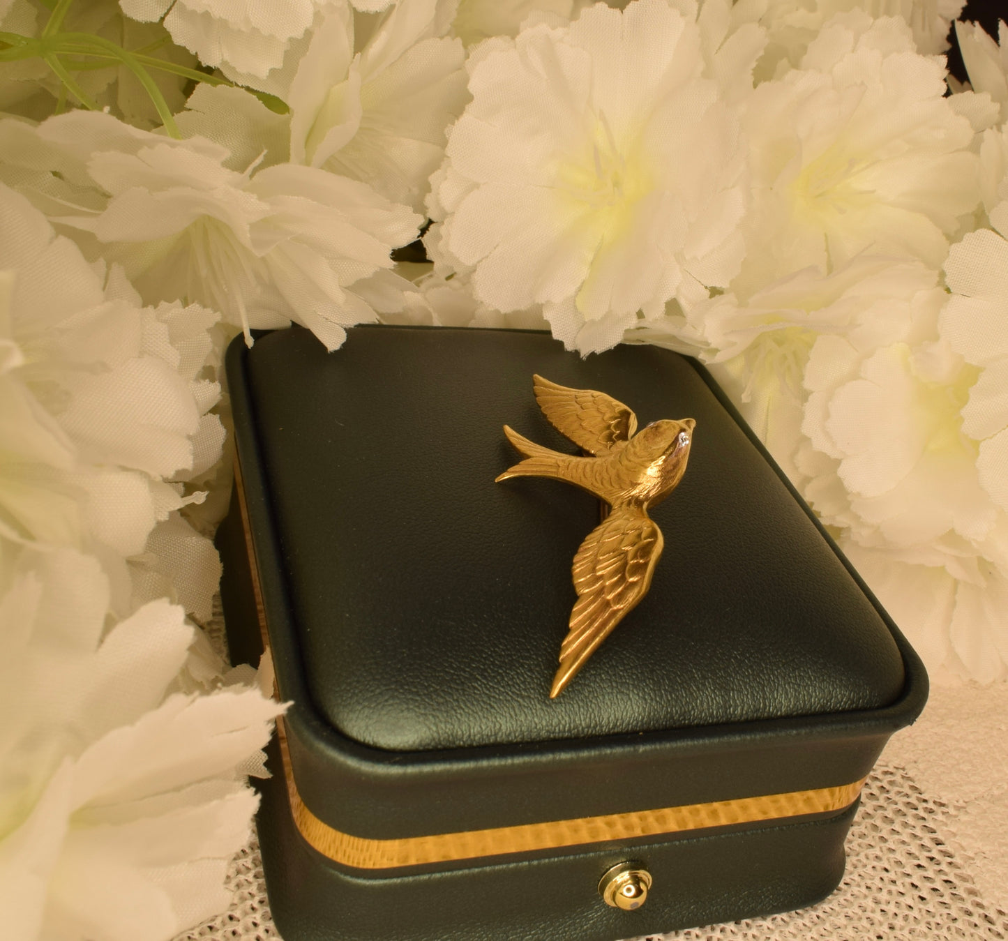 Vintage Swallow Bird Brooch, 24K Gold Plated, Rhinestone Eyes, Signed Fix, Antique French Jewelry, Bird Brooch with Spread Wings