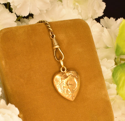 Antique Gold Plated Heart Pendant, Art Nouveau Chimera Charm, FIX Hallmark, Puffy Heart Vintage Jewelry