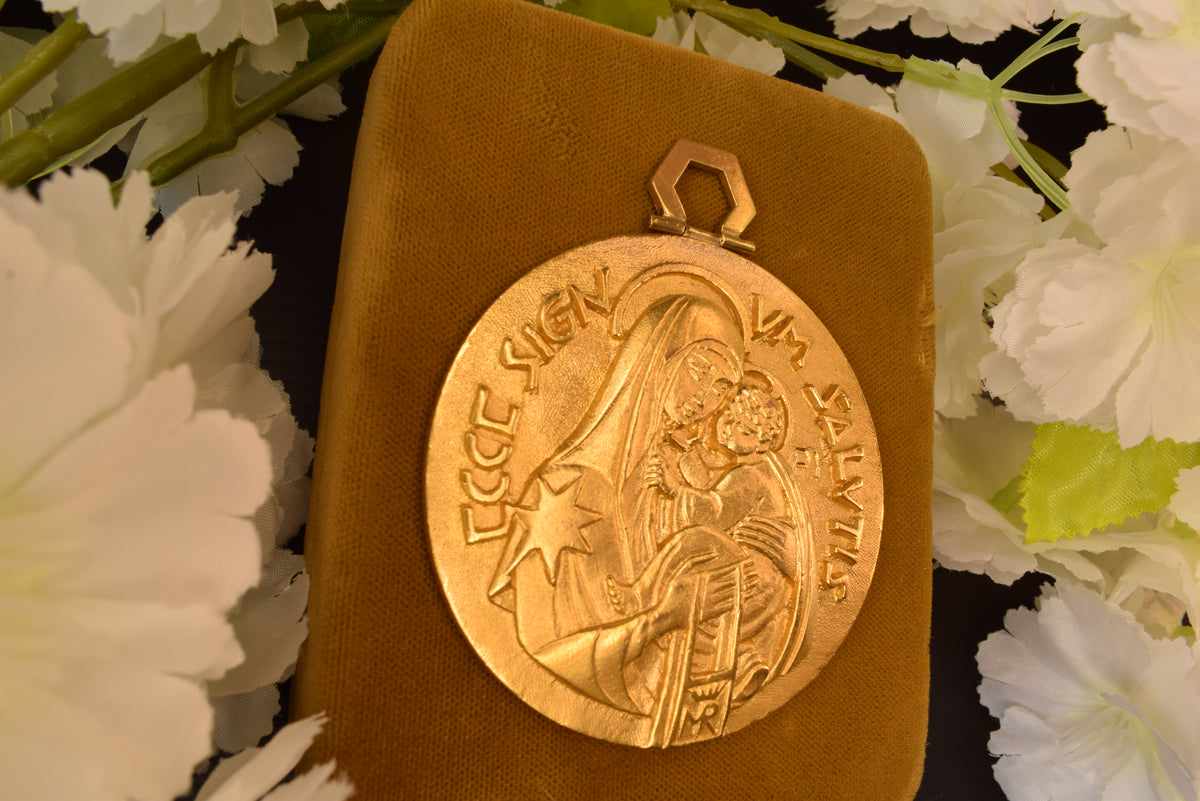 Antique Bronze Medal 24K Gold Plated Virgin And Child Signed P.Y Religious Medallion Antique Pendant Devotion Sacred Art