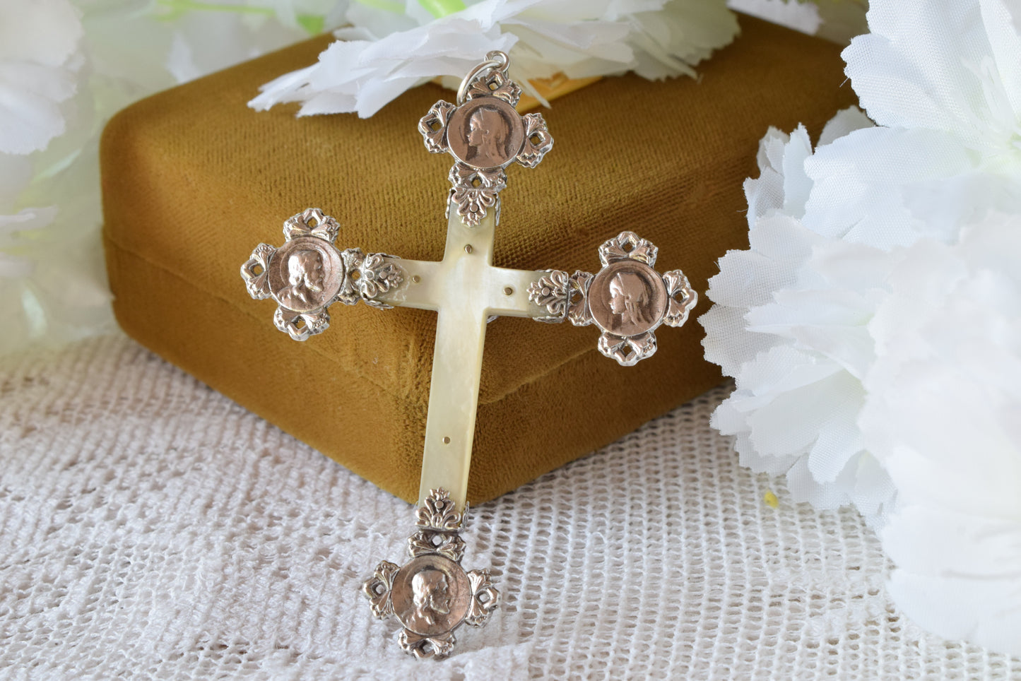 Antique French Silver Mother of Pearl Cross Pendant, Weevil "Charançon" Hallmark 800 Silver, Religious Crucifix with Christ & Virgin Mary Medallions, Belle Époque Mission Cross