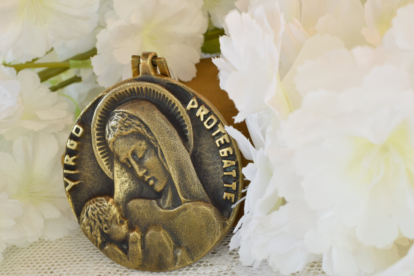 Antique French Bronze Medal Virgin and Child by Elie Pellegrin - Virgo Protegat Te - Vintage Religious Medallion