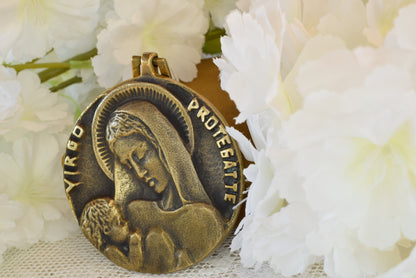 Antique French Bronze Medal Virgin and Child by Elie Pellegrin - Virgo Protegat Te - Vintage Religious Medallion