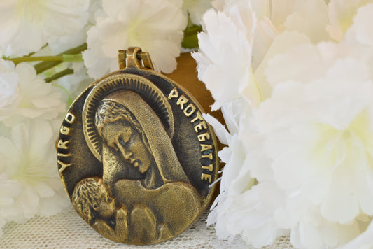 Antique French Bronze Medal Virgin and Child by Elie Pellegrin - Virgo Protegat Te - Vintage Religious Medallion