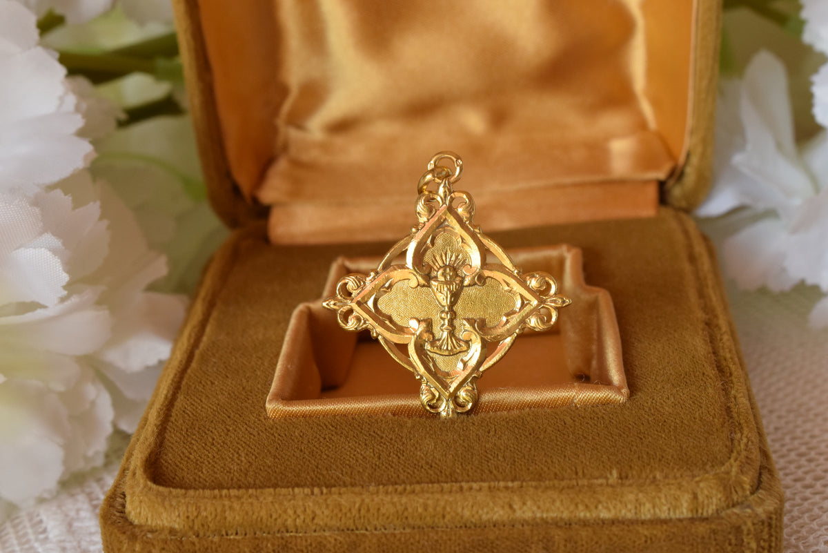 Antique French Vermeil Communion Medal, Silver Gilt Chalice & Host Pendant, Fleur-de-Lys Openwork Religious Medal