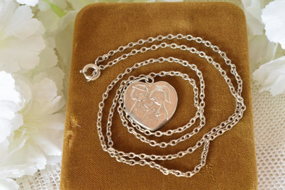 Antique French Sterling Silver Heart Pendant Necklace, "Les Amoureux de Peynet" Lovers Medallion, Vintage 1960s Romantic Charm, Signed Contaux