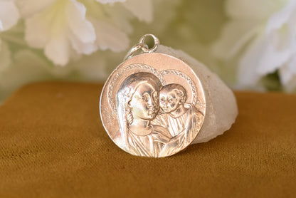Antique Sterling Silver Madonna and Child Medal Signed KARO – French Religious Pendant with Lily, 25mm