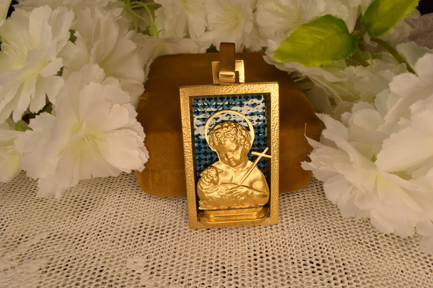 Art Deco Augis Gold Plated Religious Medal, Good Shepherd Child Jesus Lamb Pendant, French Vintage Blue Enamel, Signed Antique Jewelry