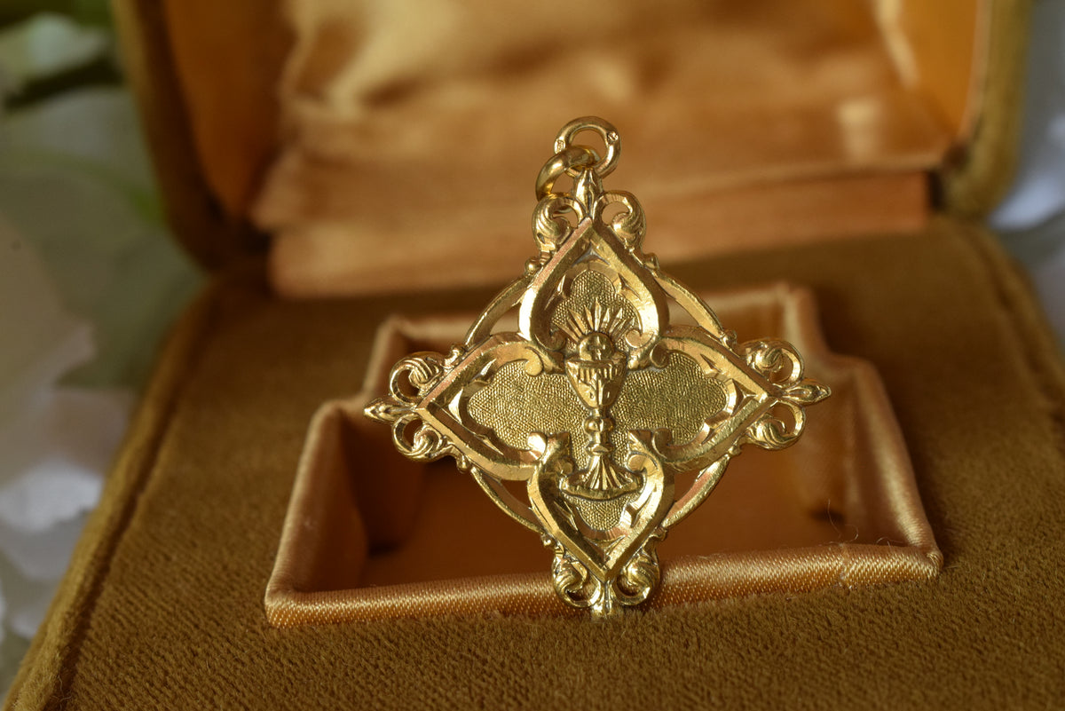 Antique French Vermeil Communion Medal, Silver Gilt Chalice & Host Pendant, Fleur-de-Lys Openwork Religious Medal