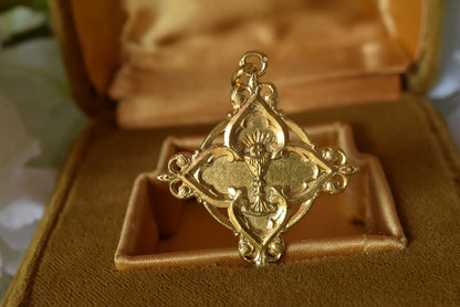 Antique French Vermeil Communion Medal, Silver Gilt Chalice & Host Pendant, Fleur-de-Lys Openwork Religious Medal