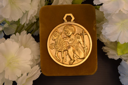 Antique Bronze Gilt Saint John the Baptist Medal, Gold Plated, Signed PY - Vintage Religious Medallion 5.8cm